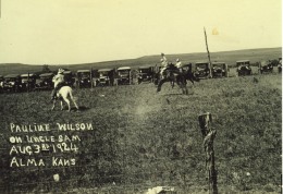 Bronc rider, Pauline Wilson rides Uncle Sam at the Frank Brothers' Silver Moon Ranch rodeo arena in this view dated August 3, 1924. Photo courtesy Trish Ringel.