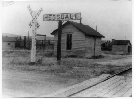 The Hessdale ATSF depot and stockyards are seen in this photograph taken in 1960 at the crossing of Hessdale Road and the railroad track.