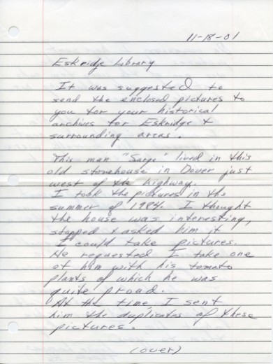 Page one of a letter dated, 11-18-01 from Louise Lemons to the Eskridge library concerning her photographs of the "Slim" Sargent home at Dover, Kansas.