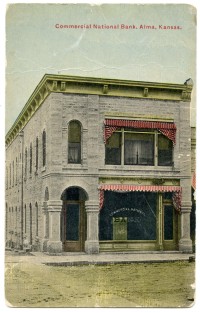 This colorized real photo postcard of the Commercial National Bank in Alma, Kansas dates from about 1907.