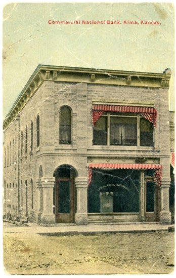 This colorized photo postcard of Louis Palenske's Commercial National Bank at Alma bears a postmark date of 1911.