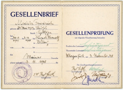 This graduation certificate, dated November 3, 1948 signifies Friedrich Meditz's completion of three years of school to become a journeyman stone mason. Friedrich was living at the Villach Displaced Persons Camp while he received his training as a mason.