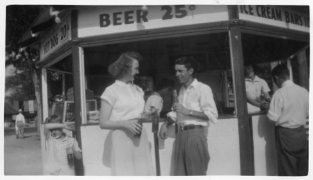 Mary Jean Erker, left, and Friedrich Meditz stop for refreshments while on a date in Kansas City, Kansas, circa 1951.