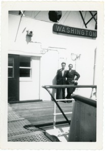 Friedrich Meditz, right, poses with an unidentified passenger aboard the U.S.S. Washington, dated July 25, 1950.
