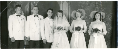 Friedrich and Mary Jean Meditz, center, pose with the two groomsmen and two bridesmaids following the Meditz wedding on July 14, 1951. Seen here from left to right are Tony Preston, Eugene Stalzer, Friedrich Meditz, Mary Jean Meditz, Dorothy Whiles, and Lou Ann Scherzer. The bride's gown and bridesmaids' dresses barely made it to the wedding.