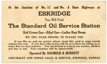 Haubold & Burnett constructed the Standard Oil Service Station located on the southeast corner of 2nd Avenue and Main Street in Eskridge in the mid-1920s.